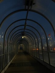 A dimly lit pedestrian overpass tunnel in Russia, captured in the evening. The tunnel’s...