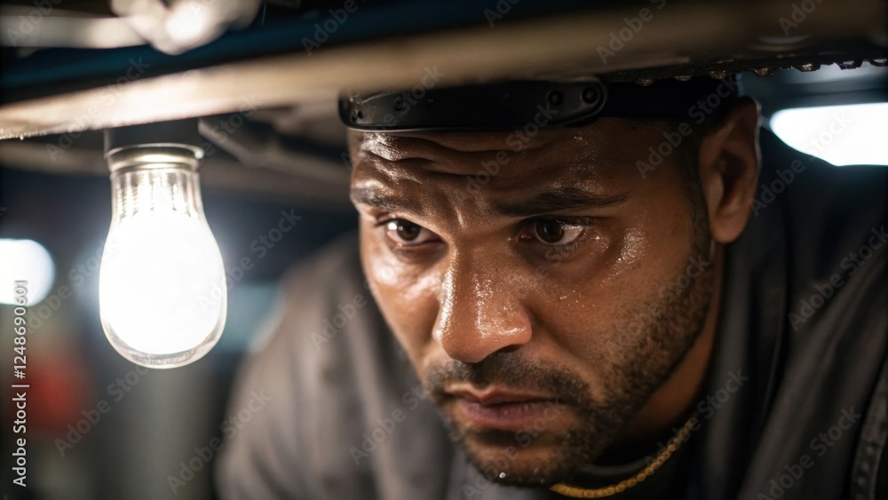 Poster The mechanics face is partially illuminated by a hanging work lamp in a closeup revealing beads of sweat on his forehead as he squints to examine a component reflecting the
