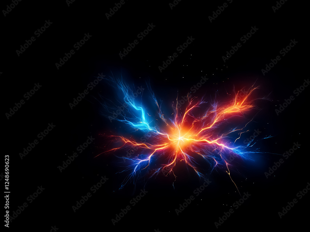 Poster a vibrant abstract energy burst explodes against a dark backdrop, showcasing dynamic streaks of elec