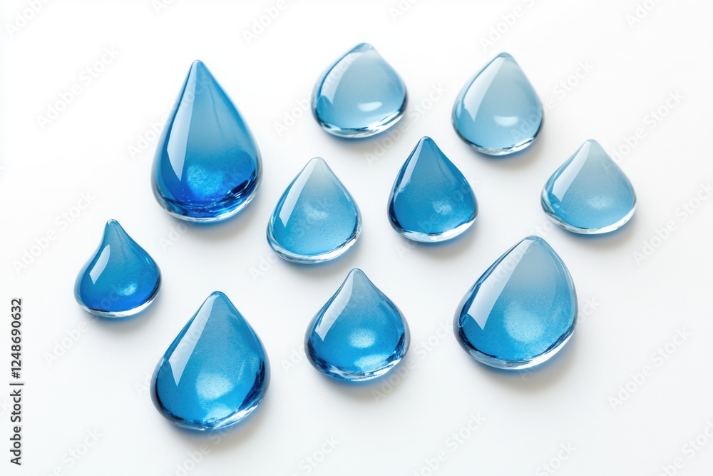 Poster a close-up shot of multiple small blue droplets sitting on a white surface, perfect for use in scien