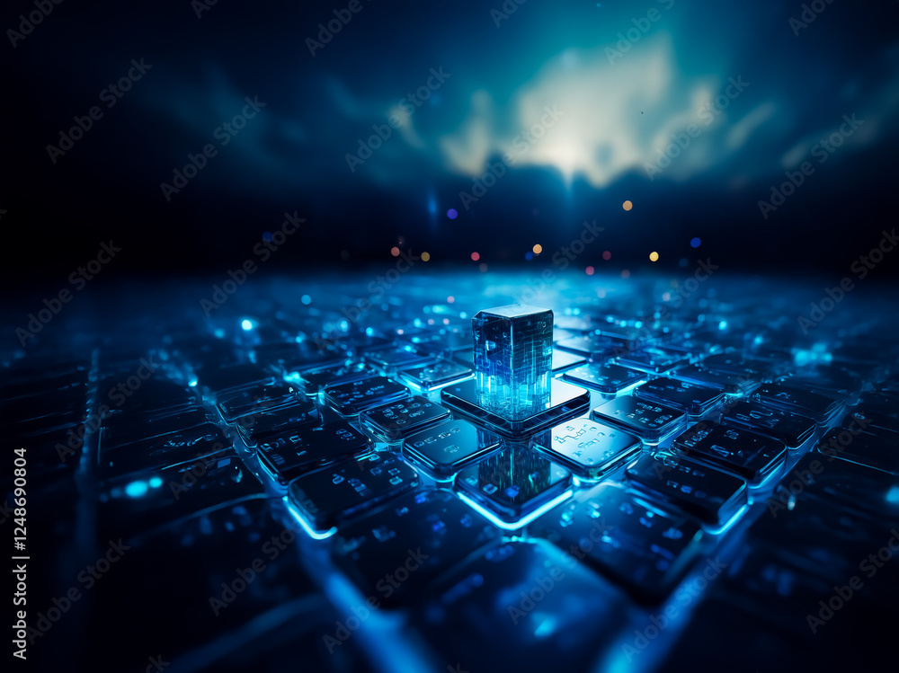 Aufkleber glowing cube illuminates a keyboard in a dark blue ambiance, suggesting a futuristic and technologic