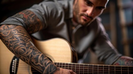 The musicians tattooed forearm is visible as they lean forward the texture of the skin contrasting with the smooth surface of the guitar creating a visual narrative of artistry and