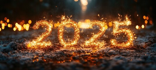 New Year Celebration with Fireworks and Sparklers in the Night Sky for 2025