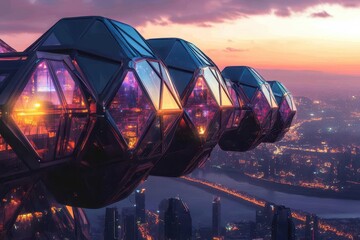 futuristic cityscape at twilight with illuminated geometric architecture and hovering transport pods