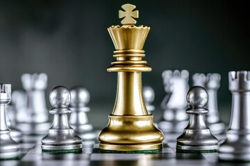 A single gold chess piece stands out from the surrounding silver ones, perfect for highlighting a winning move or emphasizing a triumphant moment
