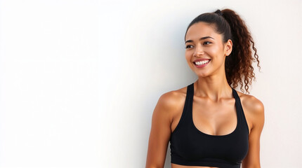 Fototapeta premium Smiling woman in sportswear have a rest after workout outside standing on white wall background 