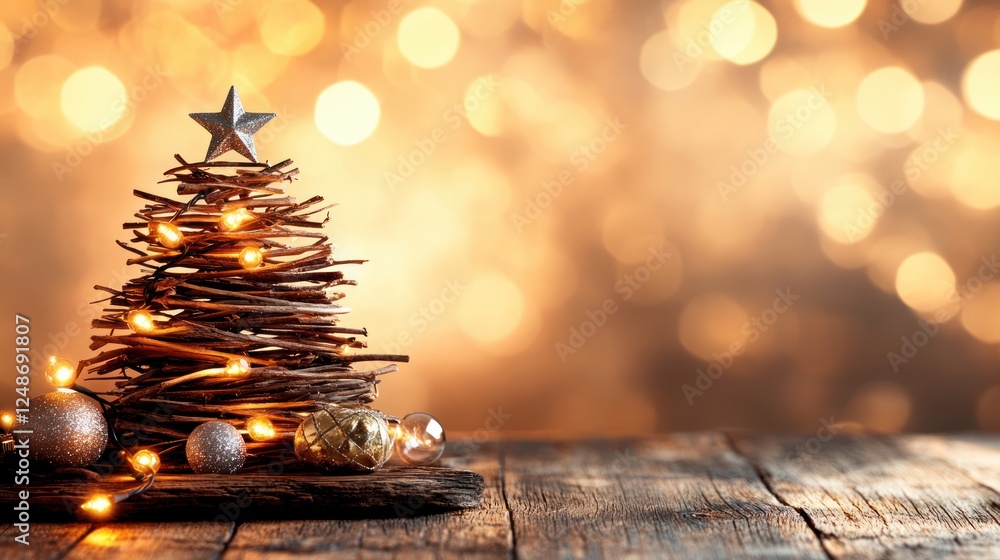 Poster rustic christmas tree decorated with star and lights on wooden table with soft bokeh background