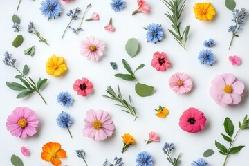 Fototapeta premium Colorful Flower Flat Lay Composition on White Background in Soft Natural Light