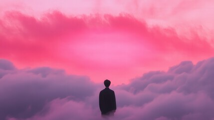 a silhouette of a person standing amongst clouds at sunset