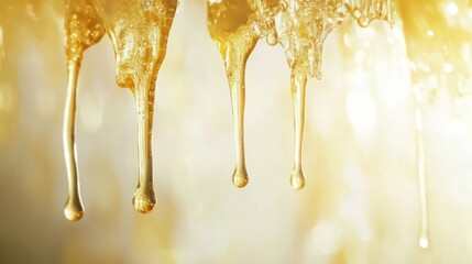 Obraz premium Golden honey dripping, blurred background, sweet treat