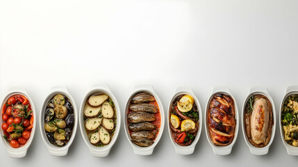 Baked dishes assortment, overhead view, white background, food blog use