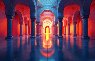 Surreal Vibrant Corridor with Blue and Orange Arches and Glowing Doorways

