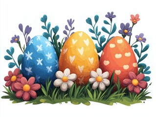 Illustration of colorful Easter eggs surrounded by flowers on grass, isolated on white background