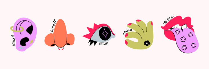 Five senses taste, hear, smell, sight and touch. Trendy vector illustration.