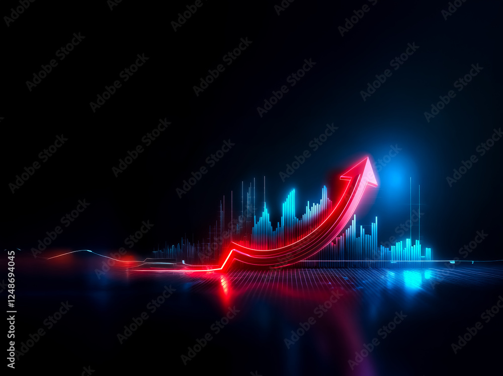 Leinwandbilder vibrant red arrow dynamically ascends against a backdrop of blue digital graphs, illuminated on a re
