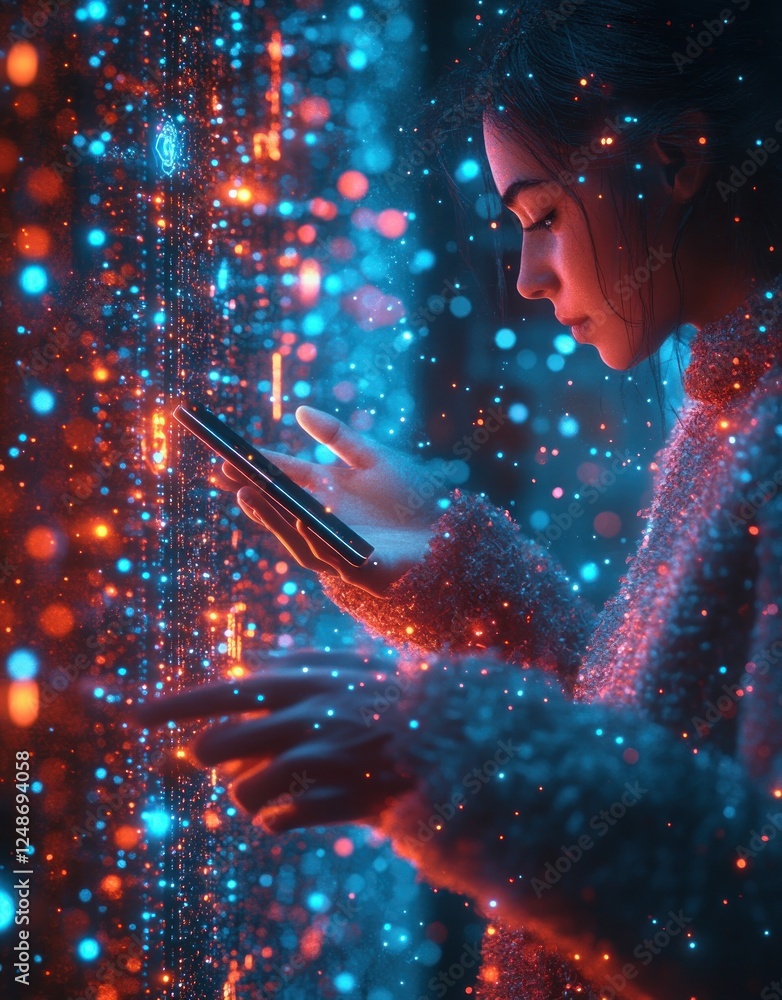 Poster futuristic digital scene of female hands using smartphone for global networking and communication