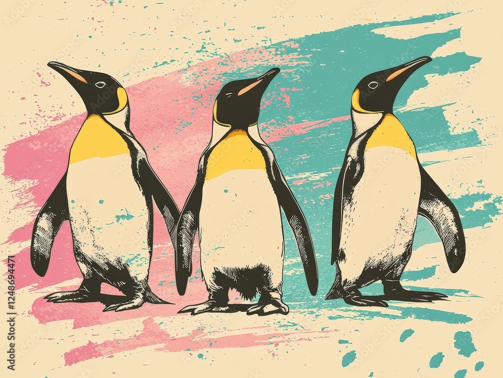 Aufkleber vintage vector illustration of three penguins with colorful background elements in a simple design s
