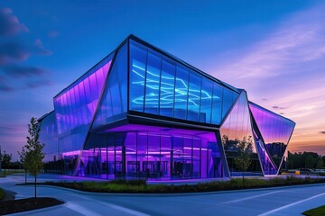 Naklejka premium futuristic corporate headquarters with holographic data displays, geometric glass architecture, purple and blue neon accents, dynamic lighting