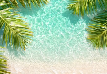 Beautiful tropical beach with clear turquoise water and lush green palm leaves framing sandy shore