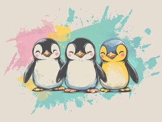 Naklejka premium Charming Vintage Vector Illustration of Three Adorable Penguins on a Colorful Abstract Background