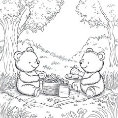 Adorable Teddy Bear Picnic Coloring Page Illustration Simple Design for Kids