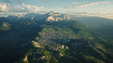 Obraz premium A birds-eye view of the Italian Alps, with winding mountain roads and small villages scattered throughout the region.