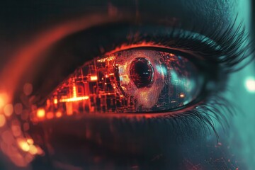 futuristic cybernetic eye with glowing circuits and digital interfaces, scanning holographic data streams against dark tech background