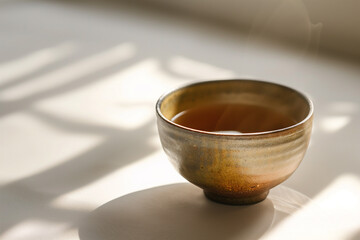 Ceramic tea cup with hot tea, set against a white background, with the light casting gentle shadows.