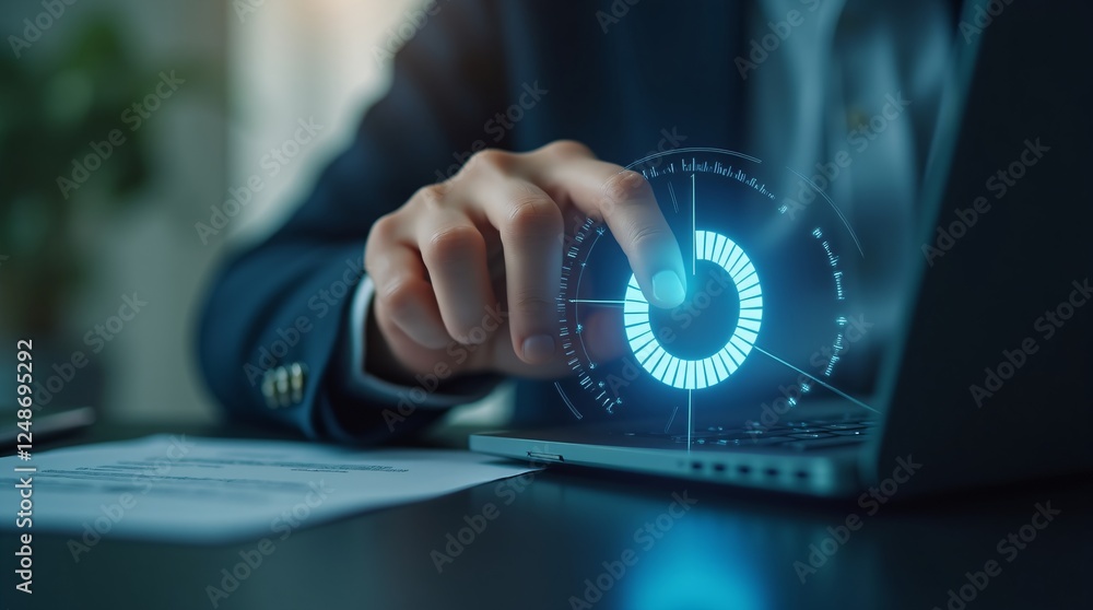 Poster man in business suit working with futuristic hologram interface at night office. digital transformat