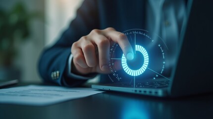 Man in business suit working with futuristic hologram interface at night office. Digital transformation concept for financial technology. Innovation and business progress design with copy space