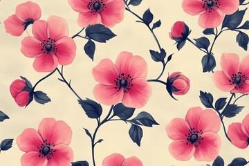 Floral pattern featuring pink blooms and green leaves on a light background