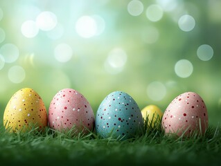 Fototapeta premium Vibrant Easter eggs sitting on lush green grass with a softly blurred spring background