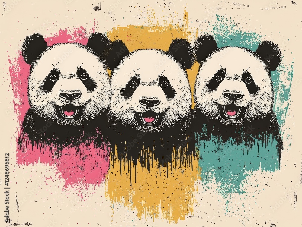 Aufkleber vintage vector illustration of three playful pandas with bright colors and simple design elements
