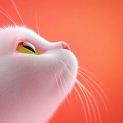Cute cartoon cat with green eyes gazing up against a vibrant orange background with soft lighting and detail