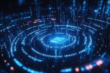 Fototapeta premium futuristic cybersecurity visualization with glowing digital shield protecting streaming data, surrounded by binary code in deep blue tones