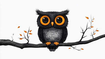 Naklejka premium Cartoon owl perched on a branch with autumn leaves, set against a light background