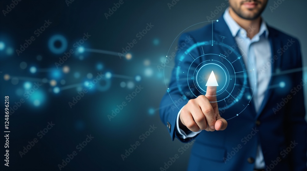 Poster man in business suit touching virtual hologram screen with glowing elements. digital transformation 