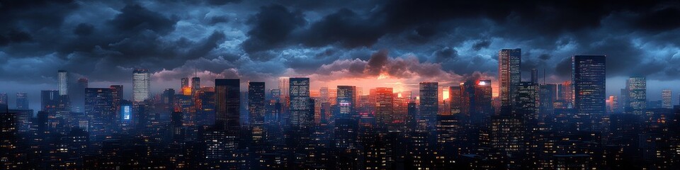 Fototapeta premium Futuristic Night Cityscape with Neon Lights and Dramatic Skyscrapers