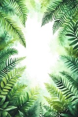 Watercolor Frame with Green Foliage and Ferns for Invitations and Greeting Cards
