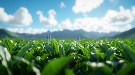 Obraz premium Close-up of a flourishing green field with young plants, showcasing agricultural growth and vitality, set against a backdrop of mountains and a bright sky.