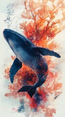 Humpback whale swimming gracefully through colorful coral reef during bright daylight hours