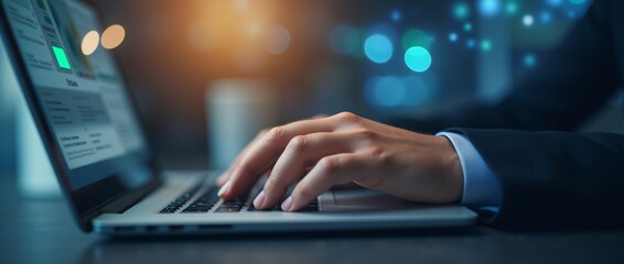 Person typing on laptop keyboard in dark office with blue bokeh light effect. Digital security and cyber protection concept. Night work and technology. Remote work business solution.