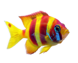 Colorful damselfish with bright hues swimming gracefully in water. This vibrant fish showcases striking yellow, red, and blue colors, making it captivating sight in aquatic environments