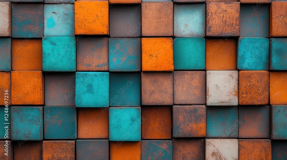 Aufkleber Colorful Textured Background with Blue and Orange Wooden Blocks Arranged in a Decorative Pattern