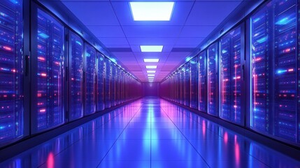 Fototapeta premium Futuristic Data Center Corridor with Server Racks Cyberpunk Style