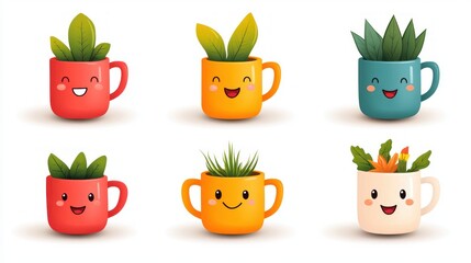 Colorful and Cute Cartoon Mugs with Happy Faces and Leafy Plants for Garden and Home Decor