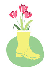 Vector red spring tulips flowers in yellow rubber rain boot. Cute seasonal spring floral illustration. Shoes as vase. Hand drawn design elements, clip art in flat style, isolated