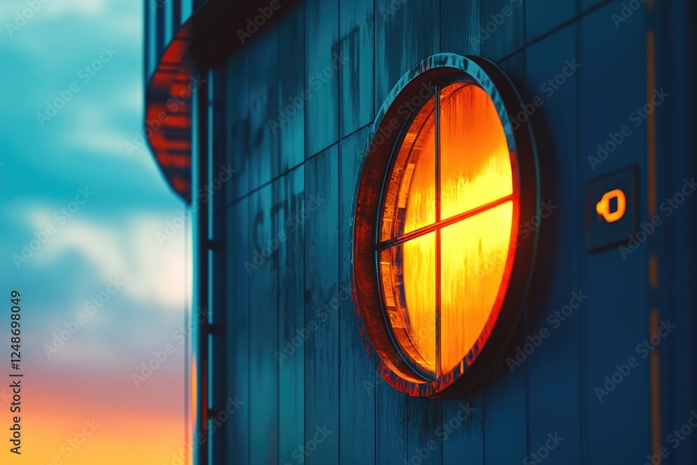 Poster a round window on a building is highlighted by a beautiful sunset in the background
