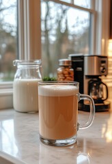 Warm coffee drink prepared in a cozy kitchen during a sunny morning