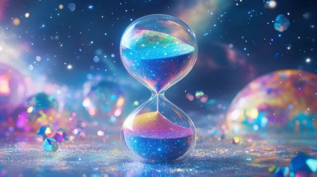 A celestial-themed hourglass with shimmering sand, creating the illusion of a galaxy inside the glass.